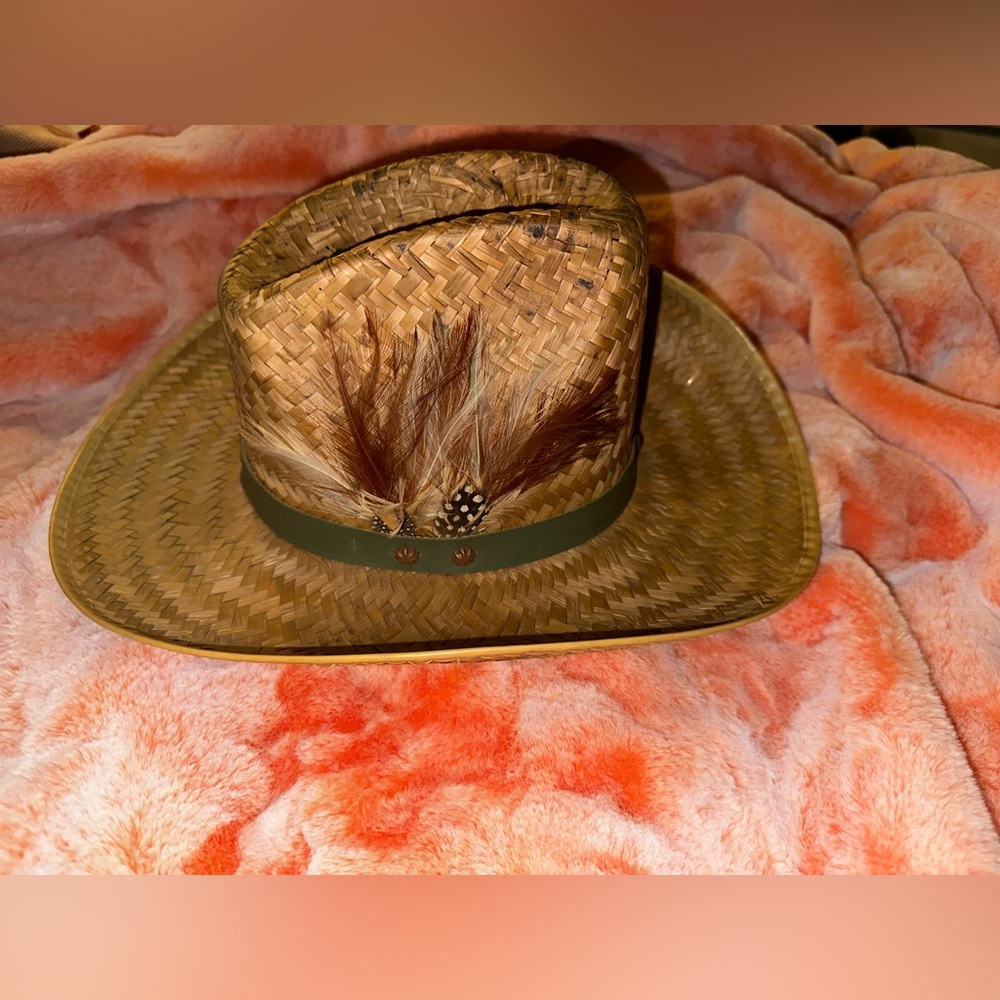 Hand Woven Straw Cowboy Hat Green Leather Band Featuring Feathers - Picture 10 of 15